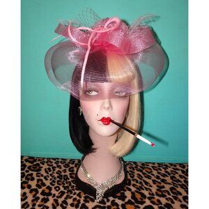 Vintage Pink Fascinator Hat w/ Veil Feathers & Bow pinup retro Kentucky Derby